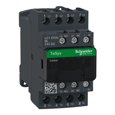 Schneider Contactor LC1DT25BL IEC contactor, TeSys Deca, nonreversing, 25A resistive, 4 pole, 4 NO, low consumption 24VDC coil, open style